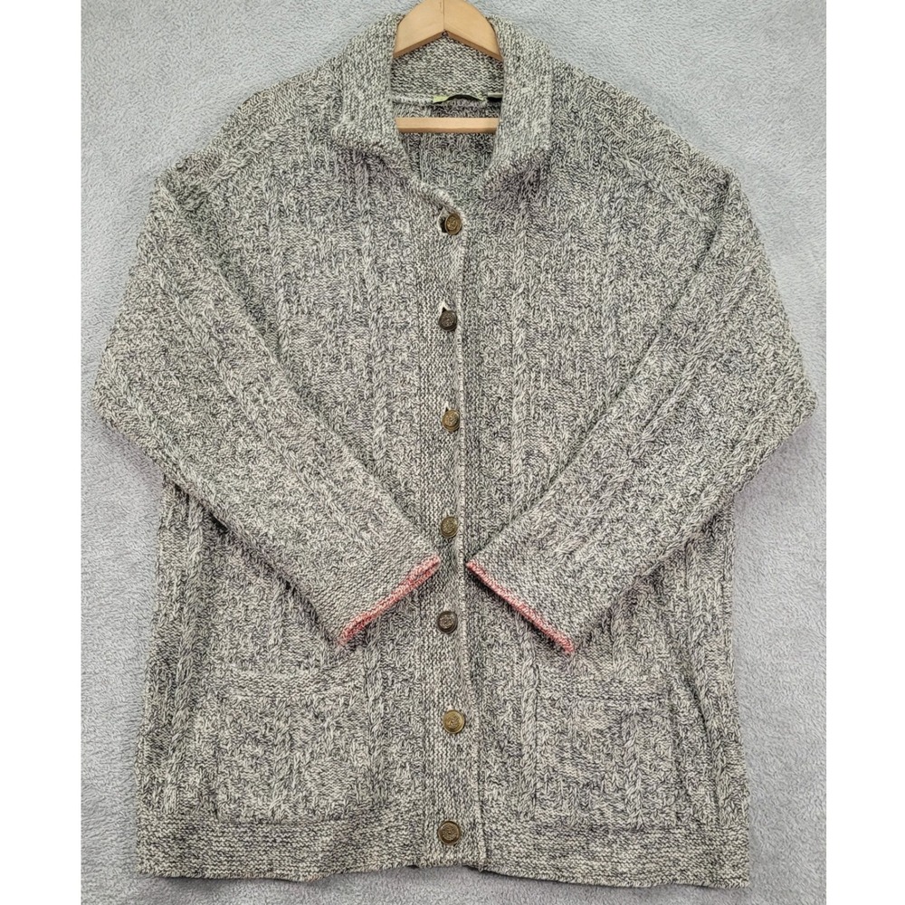 Anthropologie Gray White Marled Cable Knit 100% Wool Shawl Cardigan Sweater L